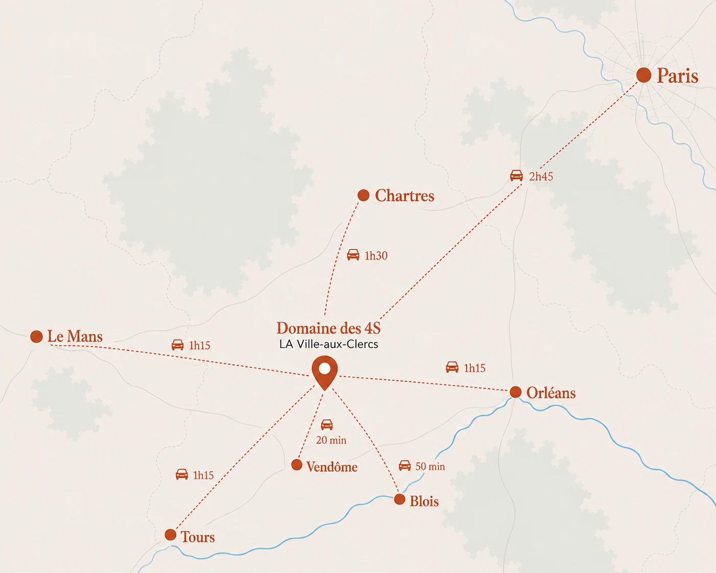 Carte des temps de trajet des différentes villes autour du Domaine des 4S